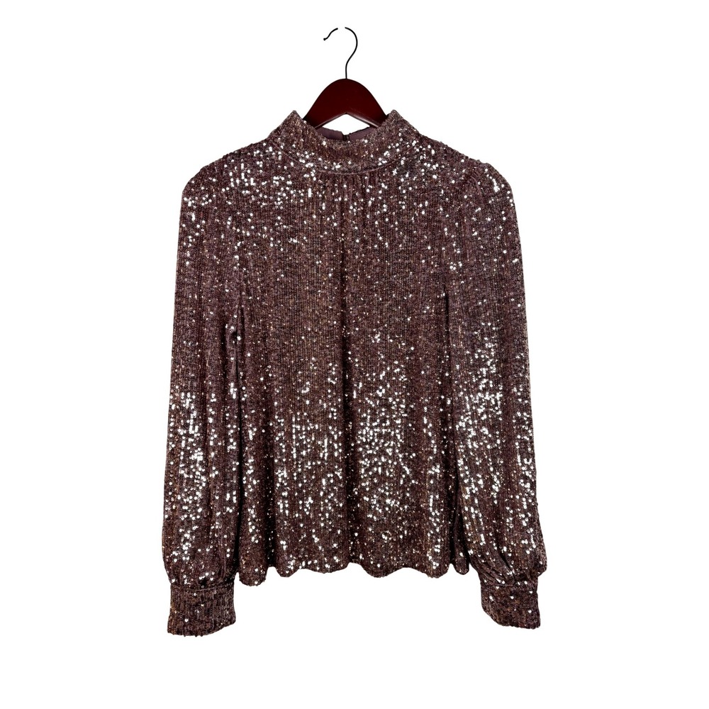 Cable & Gauge Sequin Top Small Mock Neck Mauve Bronze Long Sleeve Sparkly Blouse